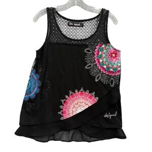 Desigual Women's Tank Top Sleeveless Mesh Layered Mandala Print Black‎ Top L